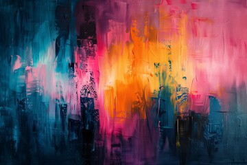 Colorful abstract painting with vivid pink, blue, and orange hues blending dynamically - obrazy, fototapety, plakaty