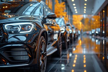 Fototapeta premium Luxury car dealership: Premium business black SUVs in showcase
