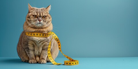 Overweight cat with measuring tape, fitness pet concept - obrazy, fototapety, plakaty