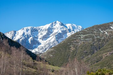 Landscape of the snowy Mountains of Palencia in Pozo de las Lomas, Spain