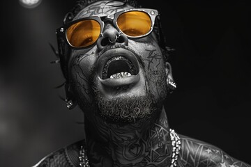 Rapper with face tattoos and golden grills on teeth wearing jewelry, black african-american