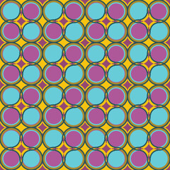 Vector, seamless, geometric, symmetrical pattern of blue, purple circles on yellow background