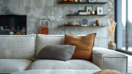 Grey sofa with brown pillow against concrete wall with shelves. Loft home interior design of modern living room. Contemporary Scandinavian design.