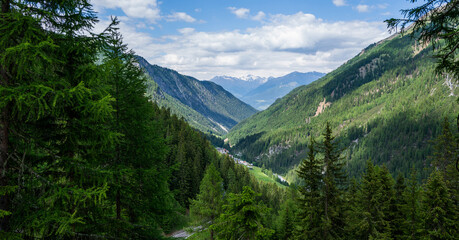 Landscape of the Alps. Snow-capped mountain peaks and beautiful meadows. Freedom, tourism, travel....