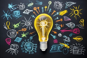 Light bulb over chalkboard. Concept of growth, idea, creativity, innovation and solution. Ai Generative