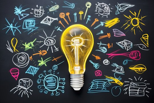 Light bulb over chalkboard. Concept of growth, idea, creativity, innovation and solution. Ai Generative