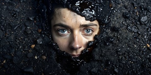 portrait of a woman half face in the tar asphalt mud - obrazy, fototapety, plakaty