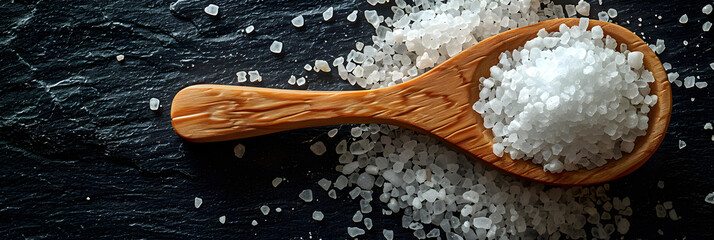 A dark table with a wooden spoon containing sea,
large wooden spoon with big sea salt crystals on the bright blue wooden background