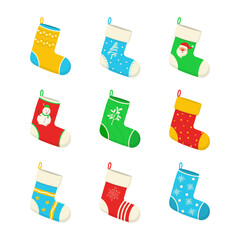 Various Christmas socks hang on a rope isolated on white background. Christmas and New year holiday colorful socks with holiday patterns. Home decoration, place for present. Vector illustration