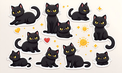 A little black cat lying in the sunshine,  9 postures and expressions, emoticons Emoji and ICON materials