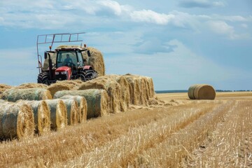 Obraz premium Agricultural scene with a tractor collecting hay bales in a vast field