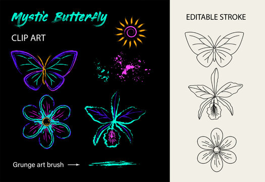 Set, clip art of mystic nature objects. Butterfly, orchid glower, sun icon. Paint brush strokes, splattered paint. Glowing neon fluorescent colors. Design elements with editable stroke