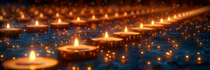 A huge number of lit candles arranged in neat rows,
Diyas Illumination 3d image
