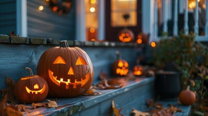 Fototapeta premium Close up of halloween pumpkin lantern decorations sits on the front porch steps of a house