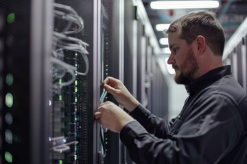 Network engineer configuring hardware in a server room with attention to detail