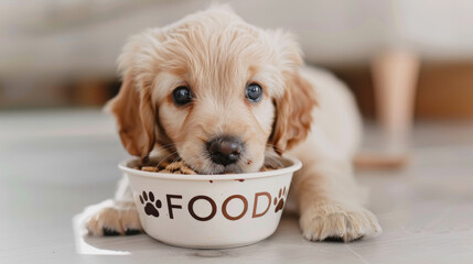 A golden retriever puppy eats from a bowl labeled 