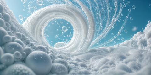 white sphere rolling in a wave of smaller spheres within a larger sphere. The background shows a blue sky - 773135648
