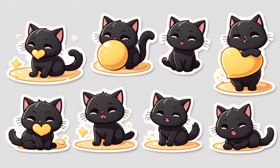 A little black cat lying in the sunshine,  9 postures and expressions, emoticons Emoji and ICON materials
