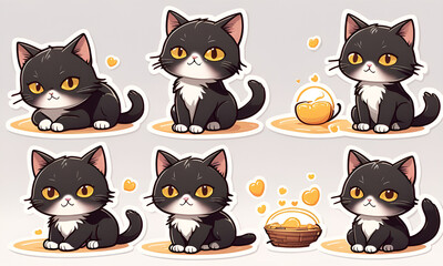 A little black cat lying in the sunshine,  9 postures and expressions, emoticons Emoji and ICON materials