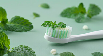 Close up of mint toothpaste on white toothbrush