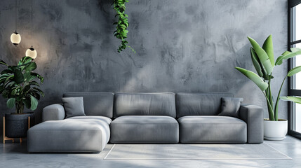 Grey sofa against concrete wall with copy space. Minimalist home interior design of modern living room. Contemporary Scandinavian design.