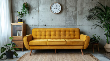 Yellow sofa against concrete wall with copy space. Minimalist home interior design of modern living room. Contemporary Scandinavian design.