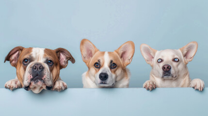 Three dogs of different breeds peek over a ledge with eager expressions and paws visible.
