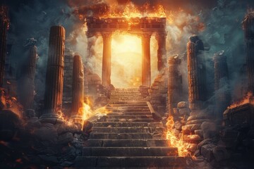 The flames dance on ancient pillars, casting eerie shadows on the stone steps leading to the fiery font, a haunting vision in this fantasy realm. - obrazy, fototapety, plakaty