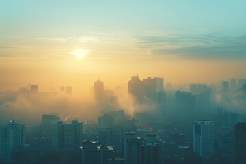 Obraz premium Air pollution shrouds city in toxic haze, PM 2.5 particles create smoggy skyline, hazardous air quality engulfs urban landscape, respiratory health at risk from polluted atmosphere.