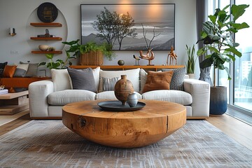 Scandinavian style living room, round coffee table and sofa with passive colors - obrazy, fototapety, plakaty