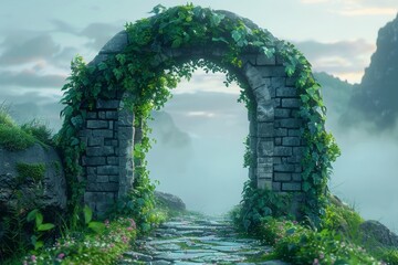 A mysterious portal archway, cloaked in vines, leads to a realm of magic and wonder.