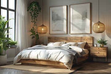 Scandinavian interior design of modern bedroom: copy space pictures on the wall, daylight