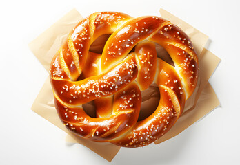 Bavarian Pretzels (bread) placed on light brown candy wrapping paper on white background. Soft pretzels can be high calorie treat with low nutritional profile.	