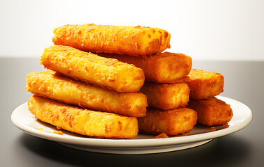 Pile of tasty light yellow cheese sticks on white plate on grey table. Mozzarella sticks are long pieces of mozzarella that have been floured or breaded.