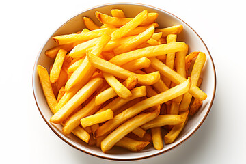 Top view pile of light yellow French fries or potato fry in cup on white background. Potato wedges fried in oil, either crispy or soft on inside great snack or fast food.