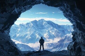 A lone figure stands at the mouth of a cave, gazing out at the majestic snow-capped mountains, lost in a world of fantasy and adventure.
