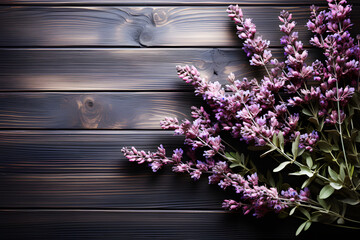 Purple Lavender with green leaves on dark brown planks wooden is background. Realistic flower clipart template pattern. Background Abstract Texture.	
