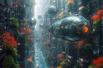 Residents commuting in personal submarines between buildings adorned with marine flora. - obrazy, fototapety, plakaty