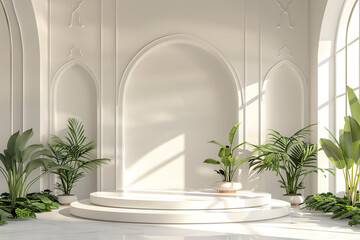 Eid alFitr Stage Decor with Islamic Arches and Plants, Sunlight Through Window Illuminating Empty Podium