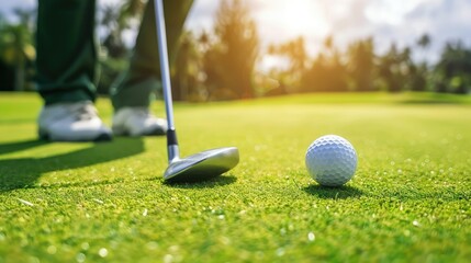Close up of man golfer holding golf club hitting ball on the green at golf course
