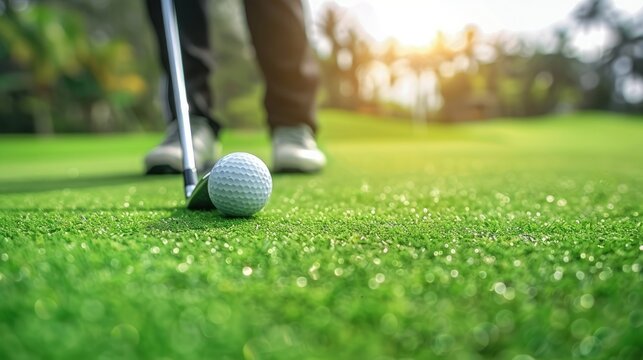 Close up of man golfer holding golf club hitting ball on the green at golf course