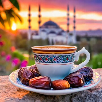 A cup of coffee in the garden at a high angle with Medjool dates and a mosque in the background