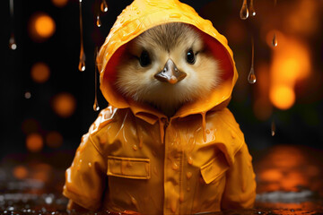 A tiny duckling wearing a yellow raincoat, splashing in a puddle against an orange background. - obrazy, fototapety, plakaty