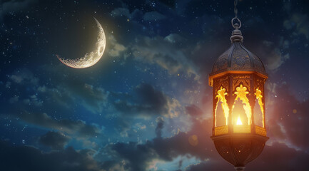 Eid mubarak and ramadan kareem greetings with an islamic lantern and moon