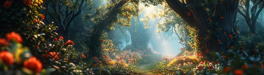 Magical paradise with lush greenery, mystical flora, and enchanting archway. Dreamy woodland bathed in golden light. Enchanted 3D realm. - obrazy, fototapety, plakaty