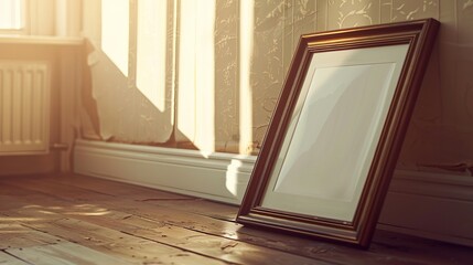 A framed picture is sitting on a wooden floor