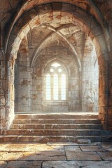 Fototapeta premium Grand stone platform extending through an arched doorway in a fantasy medieval castle interior, 3D rendered.