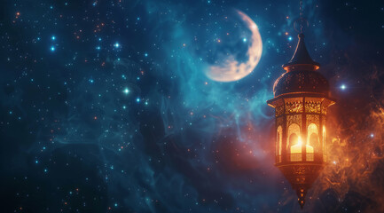 Islamic lantern and crescent moon decoration for Eid Mubarak festival greeting card