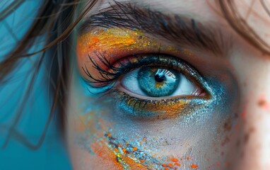 The model's eye pops with vibrant shades of dazzling artistry, captured in an intimate close-up shot.