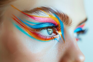The model's eye pops with vibrant shades of dazzling artistry, captured in an intimate close-up...